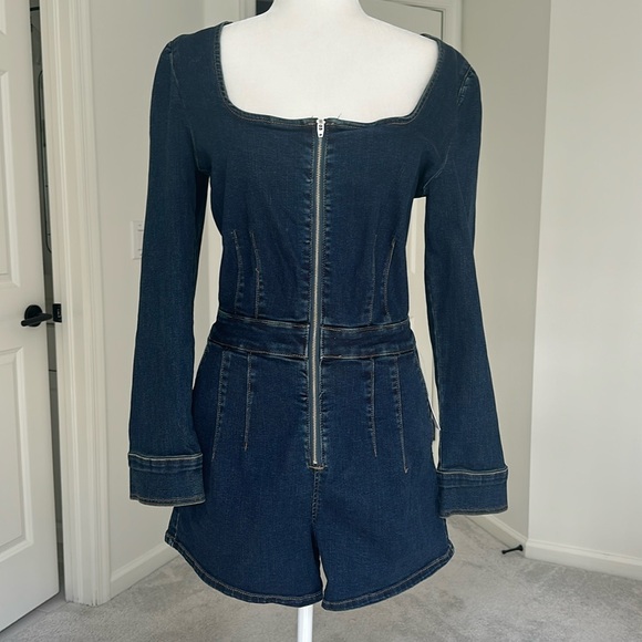 Free People CRVY High Society Denim Zip Romper - Picture 3 of 13